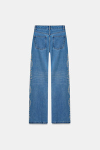 Hand Embroidered Floral Straight Jeans - Blue