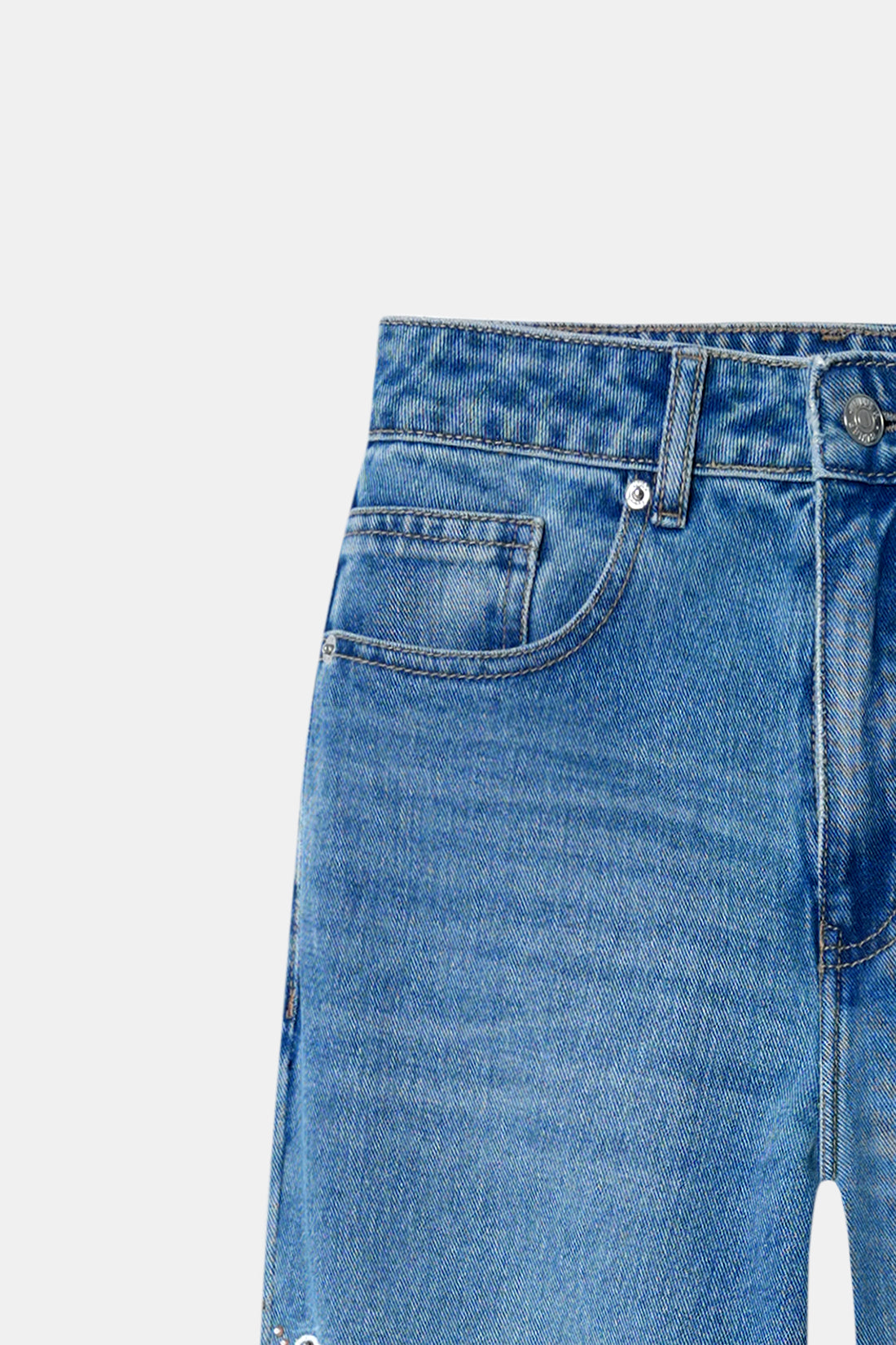 Hand Embroidered Floral Straight Jeans - Blue