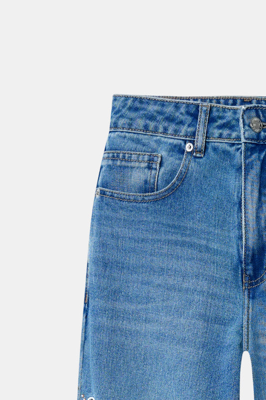 Hand Embroidered Floral Straight Jeans - Blue