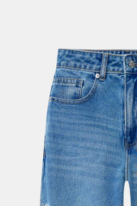 Hand Embroidered Floral Straight Jeans - Blue