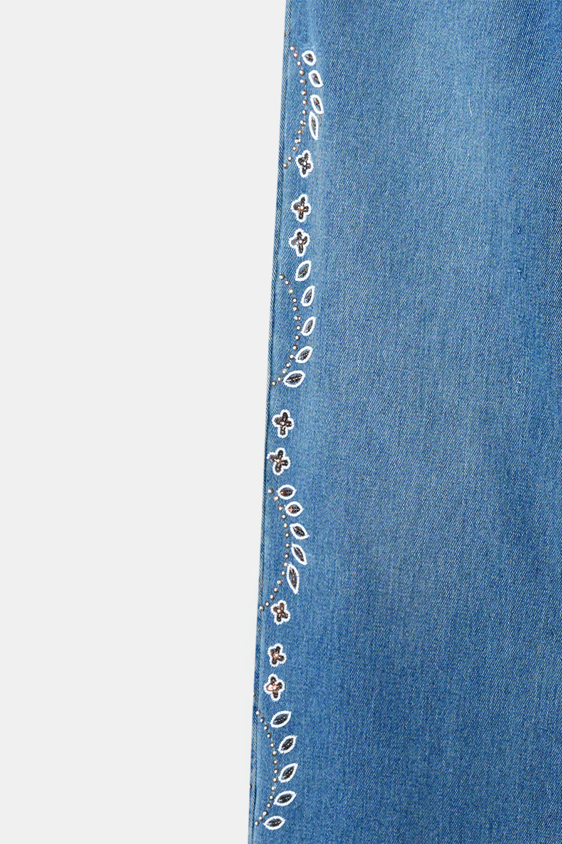 Hand Embroidered Floral Straight Jeans - Blue