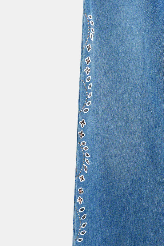 Hand Embroidered Floral Straight Jeans - Blue