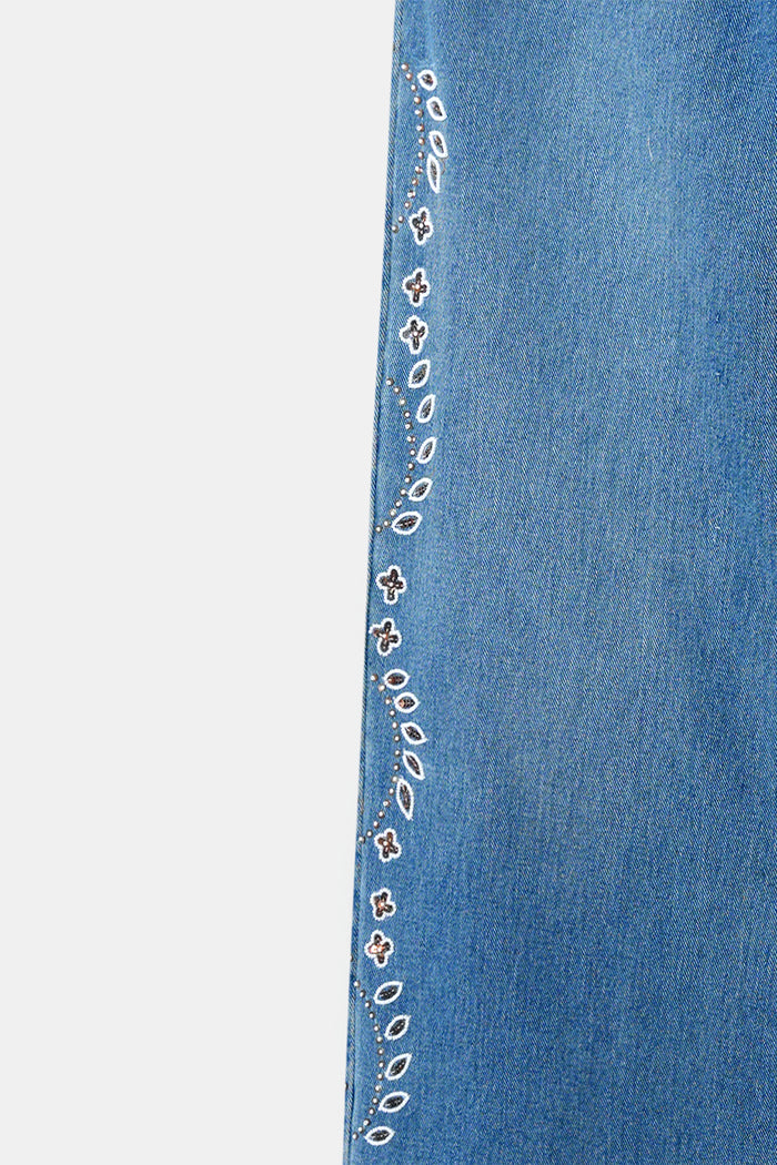 Hand Embroidered Floral Straight Jeans - Blue