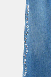 Hand Embroidered Floral Straight Jeans - Blue