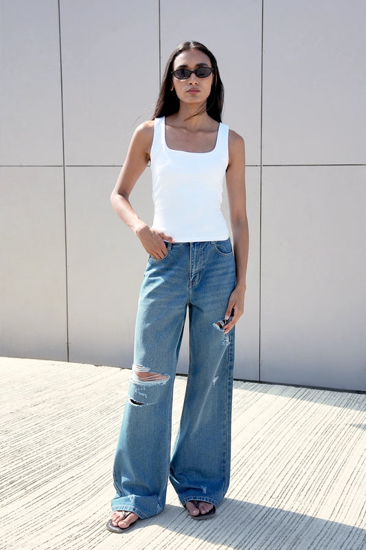 High-Rise Ripped Boyfriend Jeans