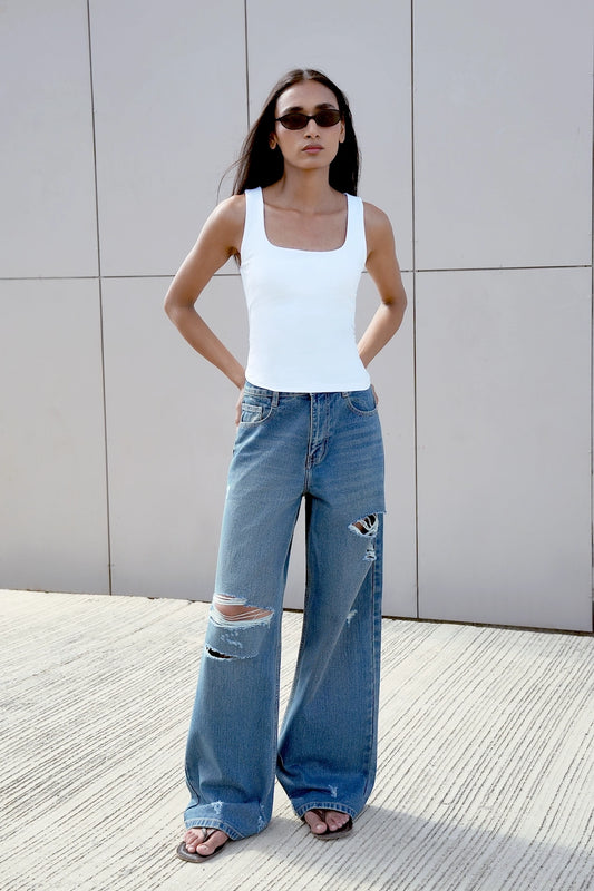 High-Rise Ripped Boyfriend Jeans