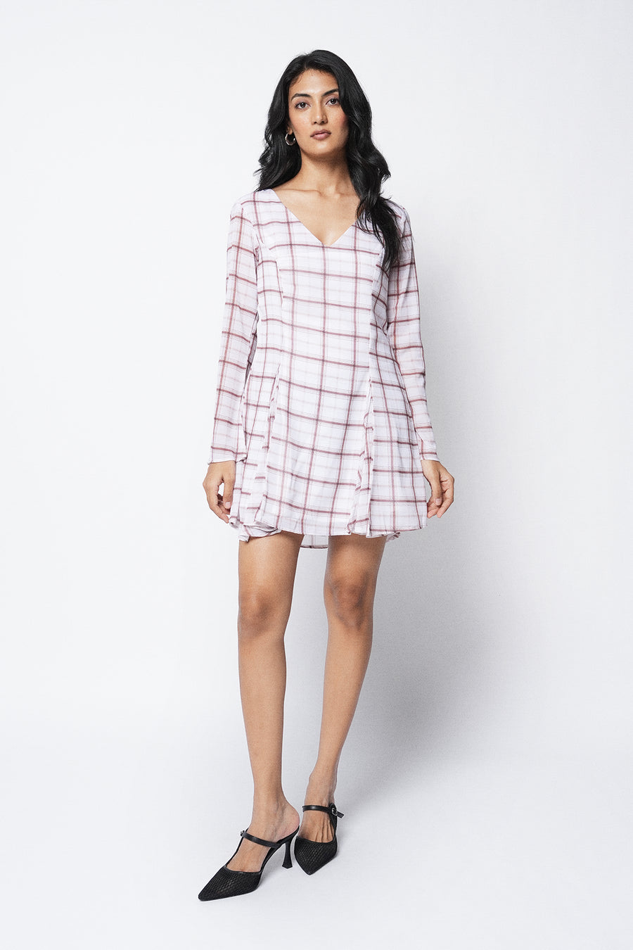 Long-Sleeve Checkered Mini Dress