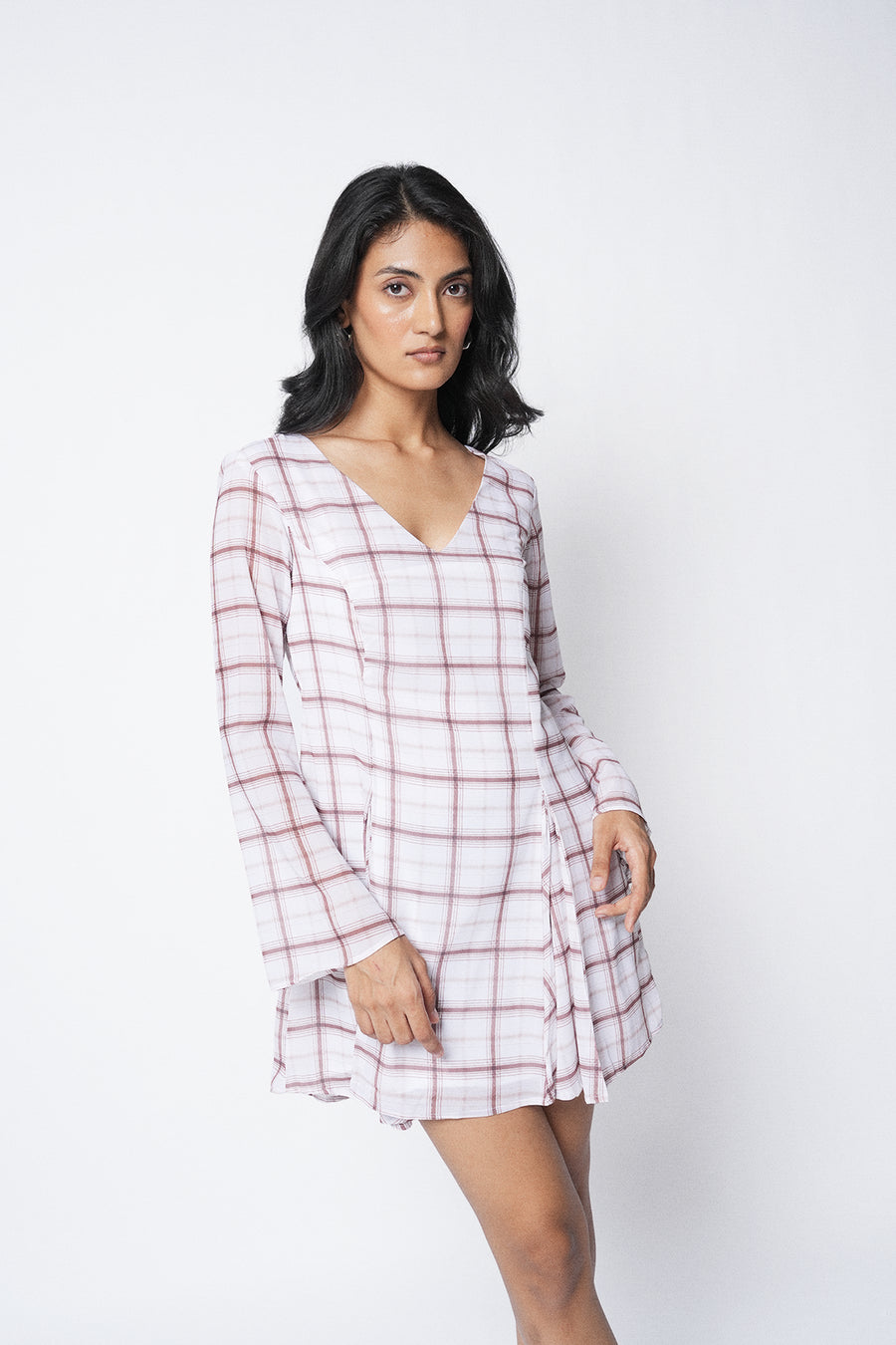 Long-Sleeve Checkered Mini Dress