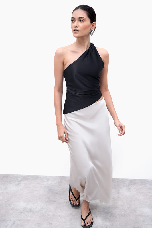 Metallic Black Asymmetric Ruched Top