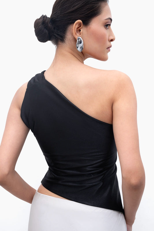 Metallic Black Asymmetric Ruched Top