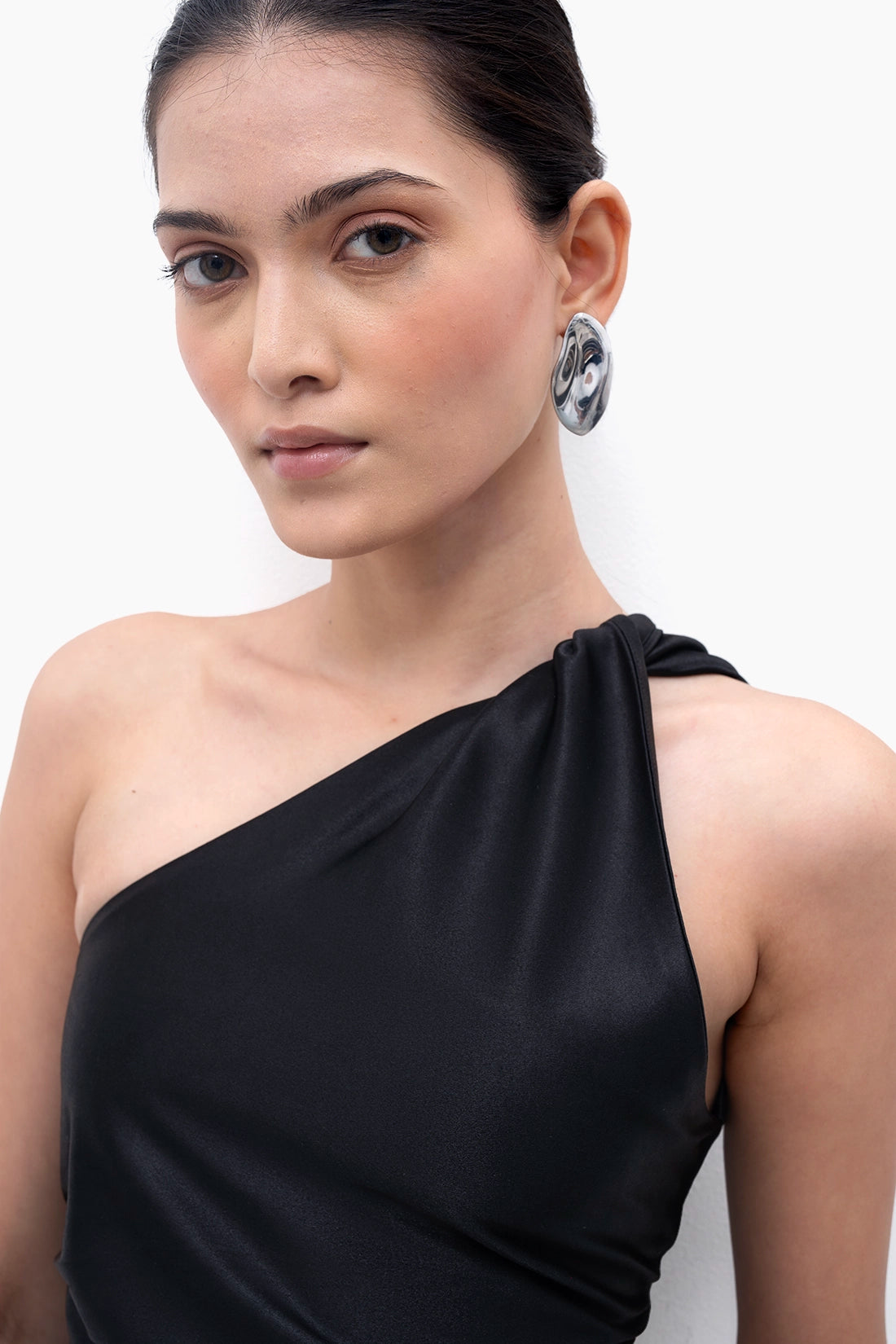 Metallic Black Asymmetric Ruched Top