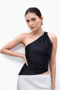 Metallic Black Asymmetric Ruched Top