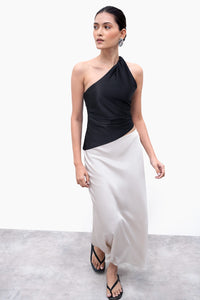 Metallic Black Asymmetric Ruched Top