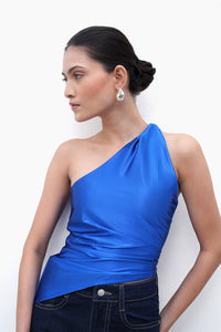 Metallic Blue Asymmetric Ruched Top