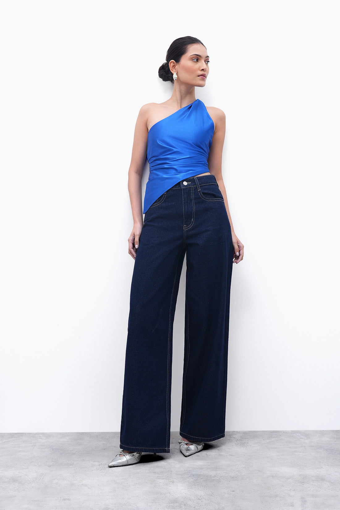 Metallic Blue Asymmetric Ruched Top