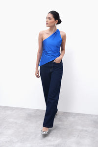 Metallic Blue Asymmetric Ruched Top