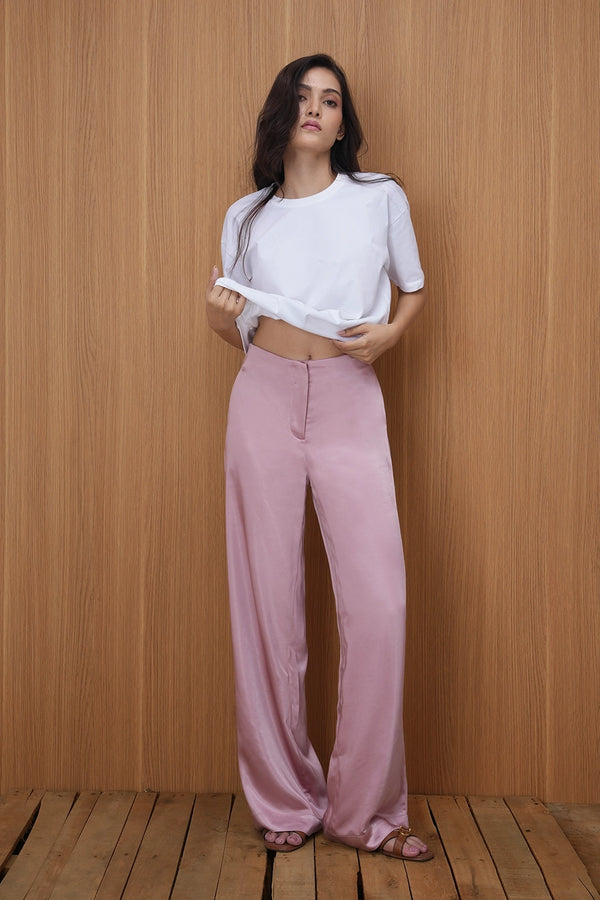 Mid-Rise Satin Trouser- Pink