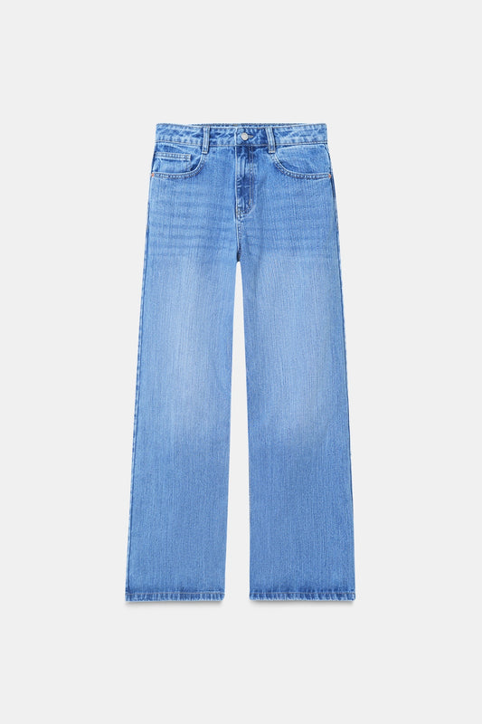 Mid-Wash Slubbed Straight Jeans