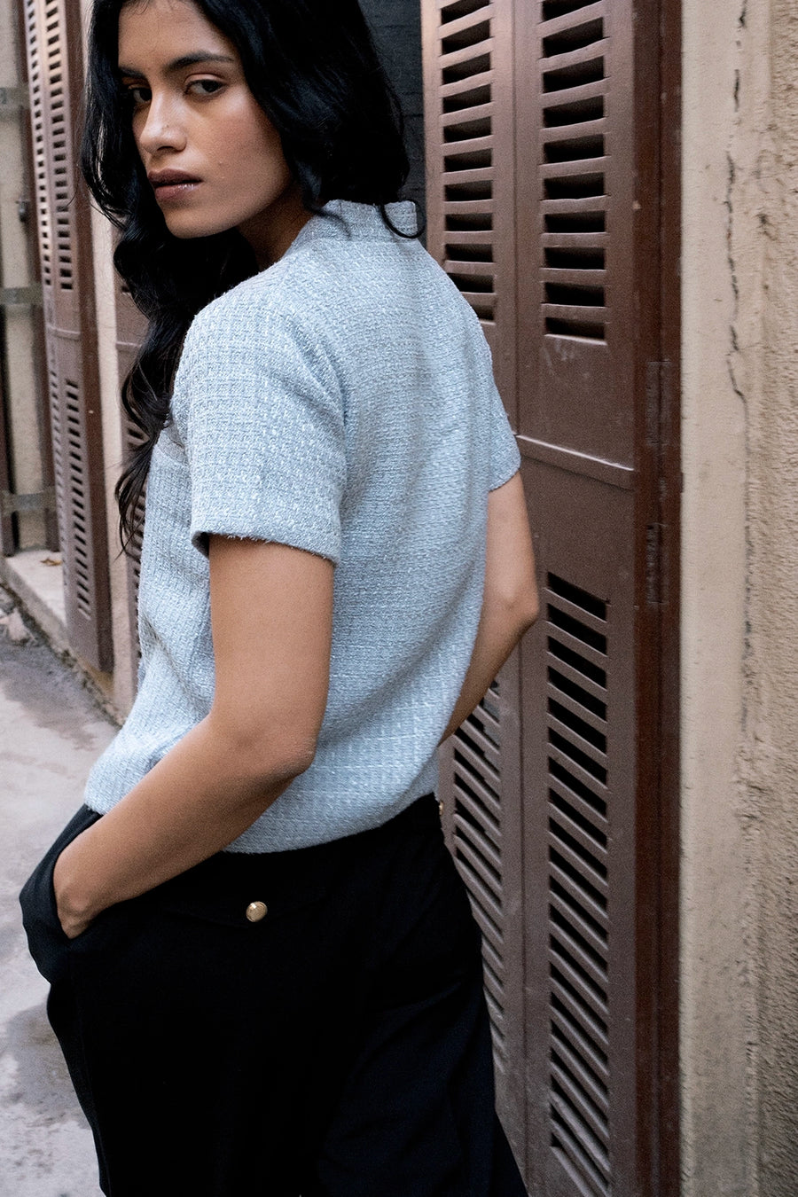 Misty Blue Tweed Cardigan