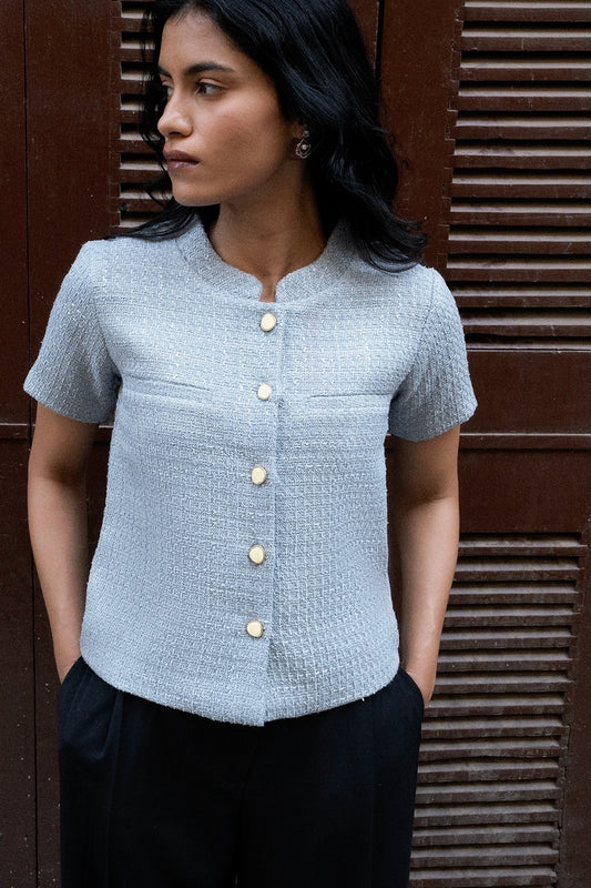 Misty Blue Tweed Cardigan