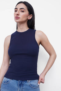 Navy Ribbed Round Neck Top