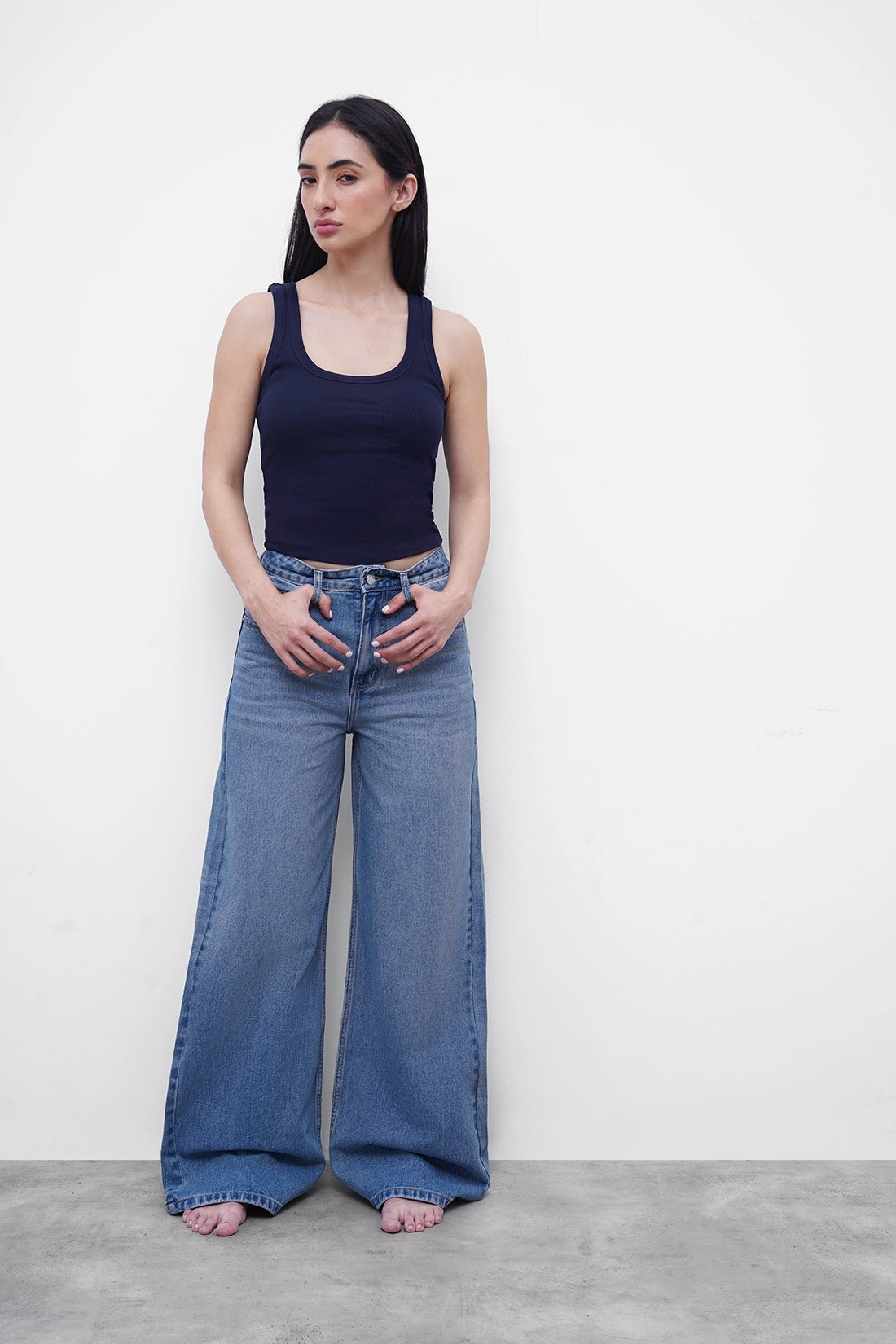 Navy Ribbed Square Neck Top