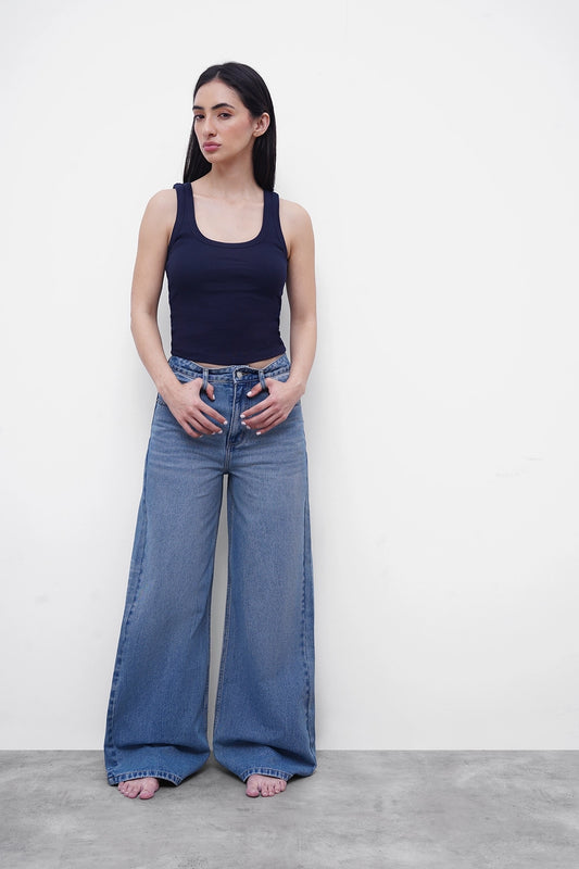 Navy Ribbed Square Neck Top