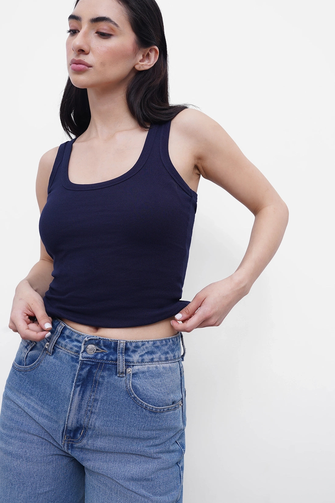Navy Ribbed Square Neck Top