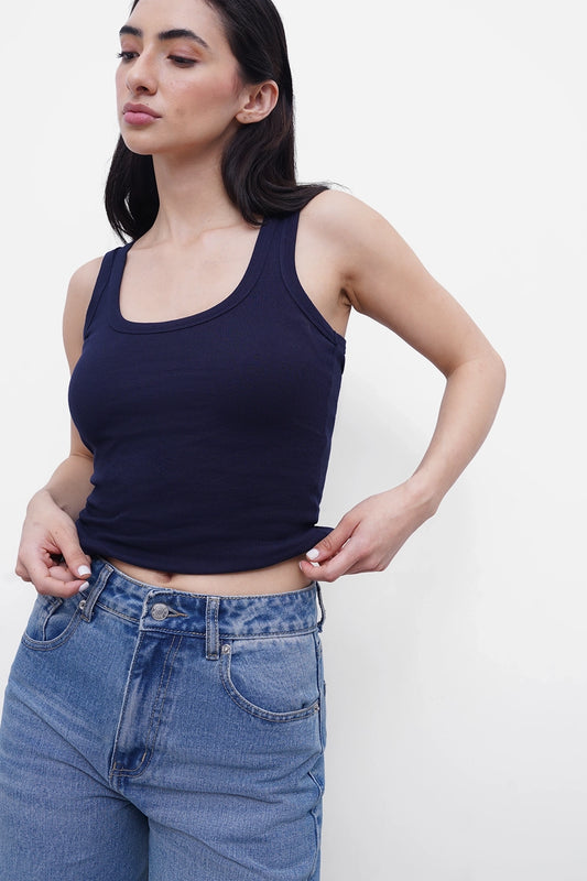 Navy Ribbed Square Neck Top