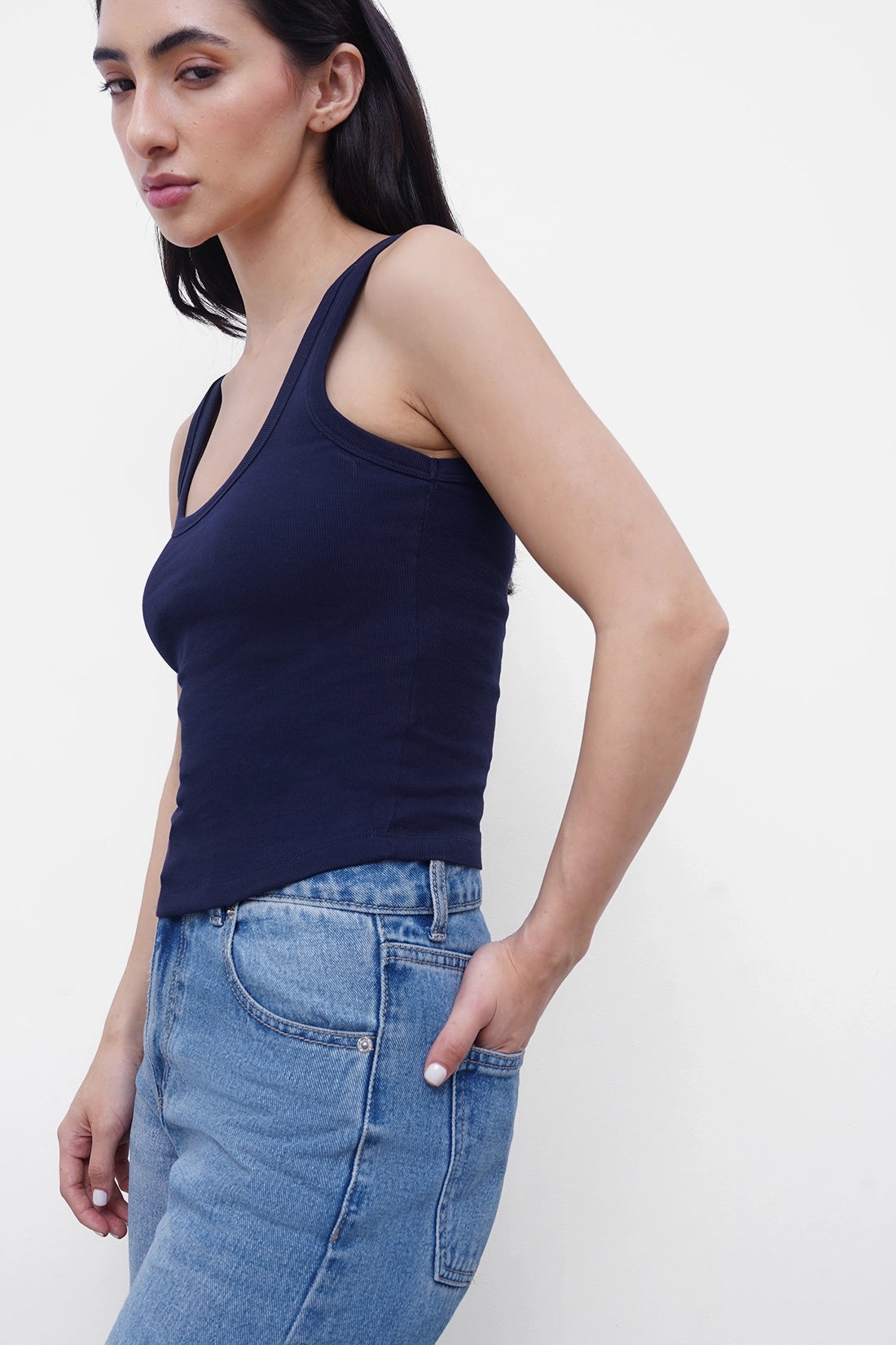 Navy Ribbed Square Neck Top