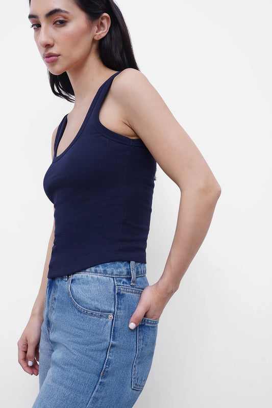 Navy Ribbed Square Neck Top