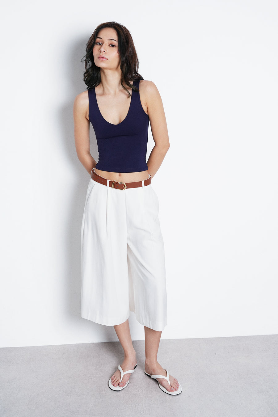Navy V-Neck Polyamide Top