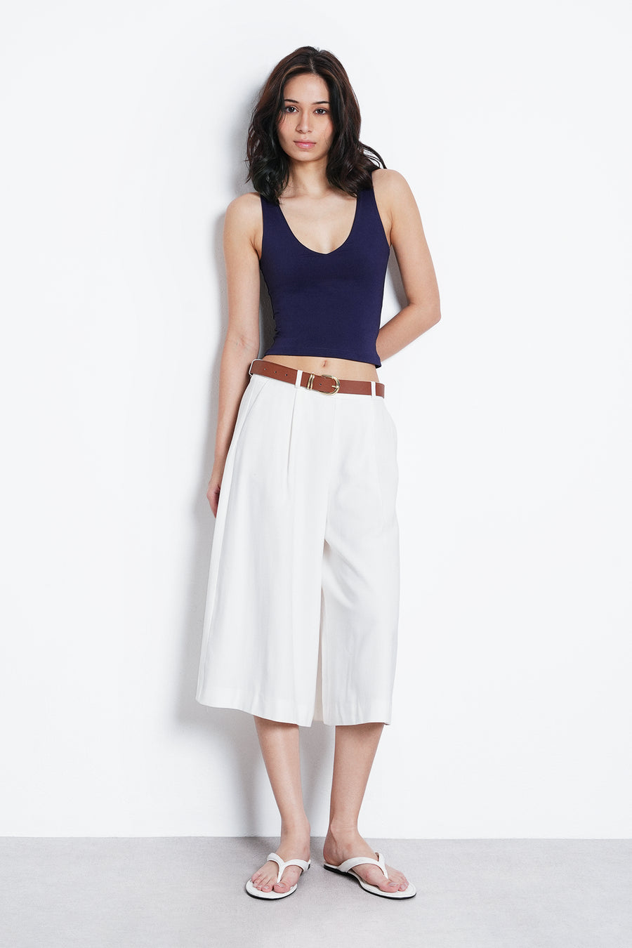 Navy V-Neck Polyamide Top