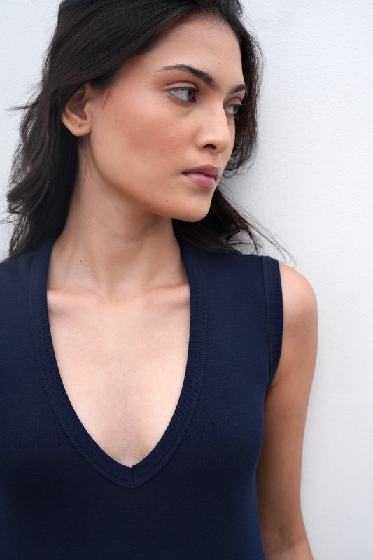 Navy V-Neck Ribbed Top