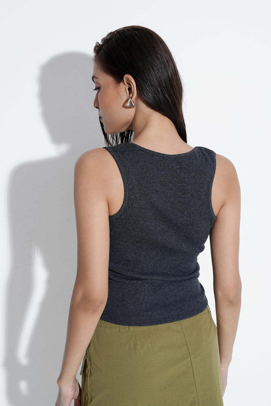 Notch Neck Ribbed Top- Charcoal