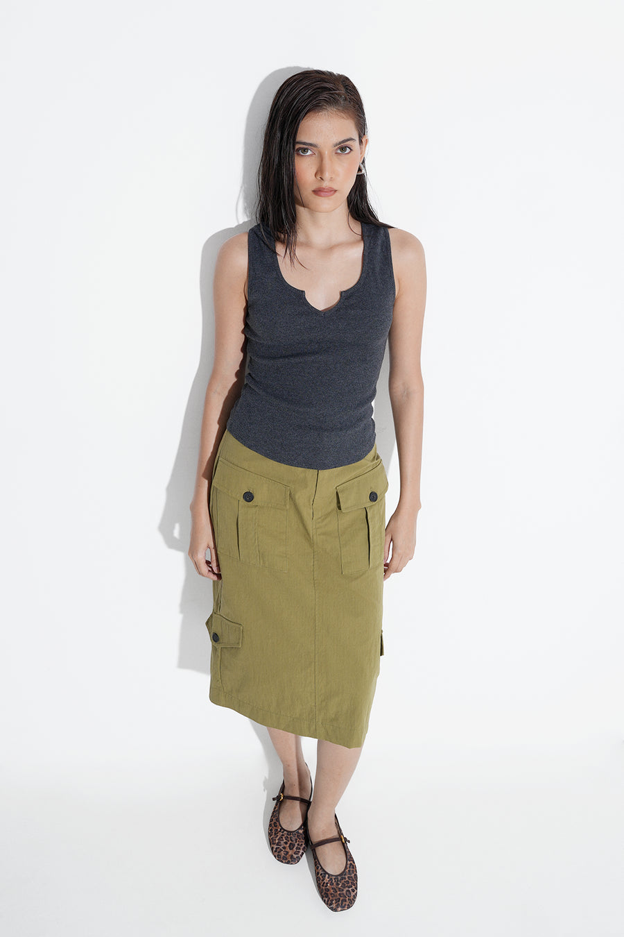 Notch Neck Ribbed Top- Charcoal