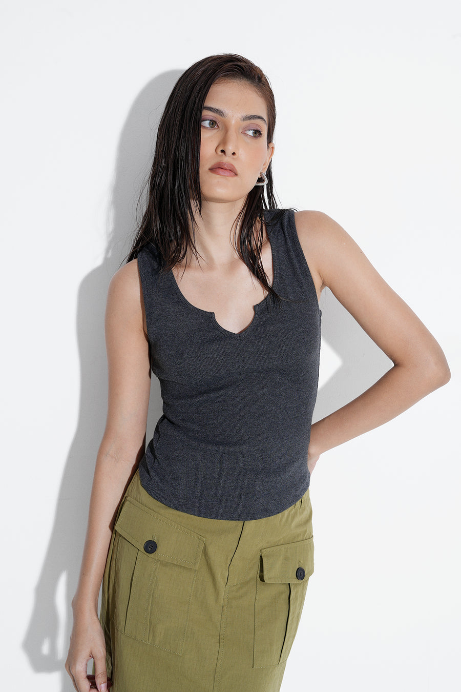 Notch Neck Ribbed Top- Charcoal