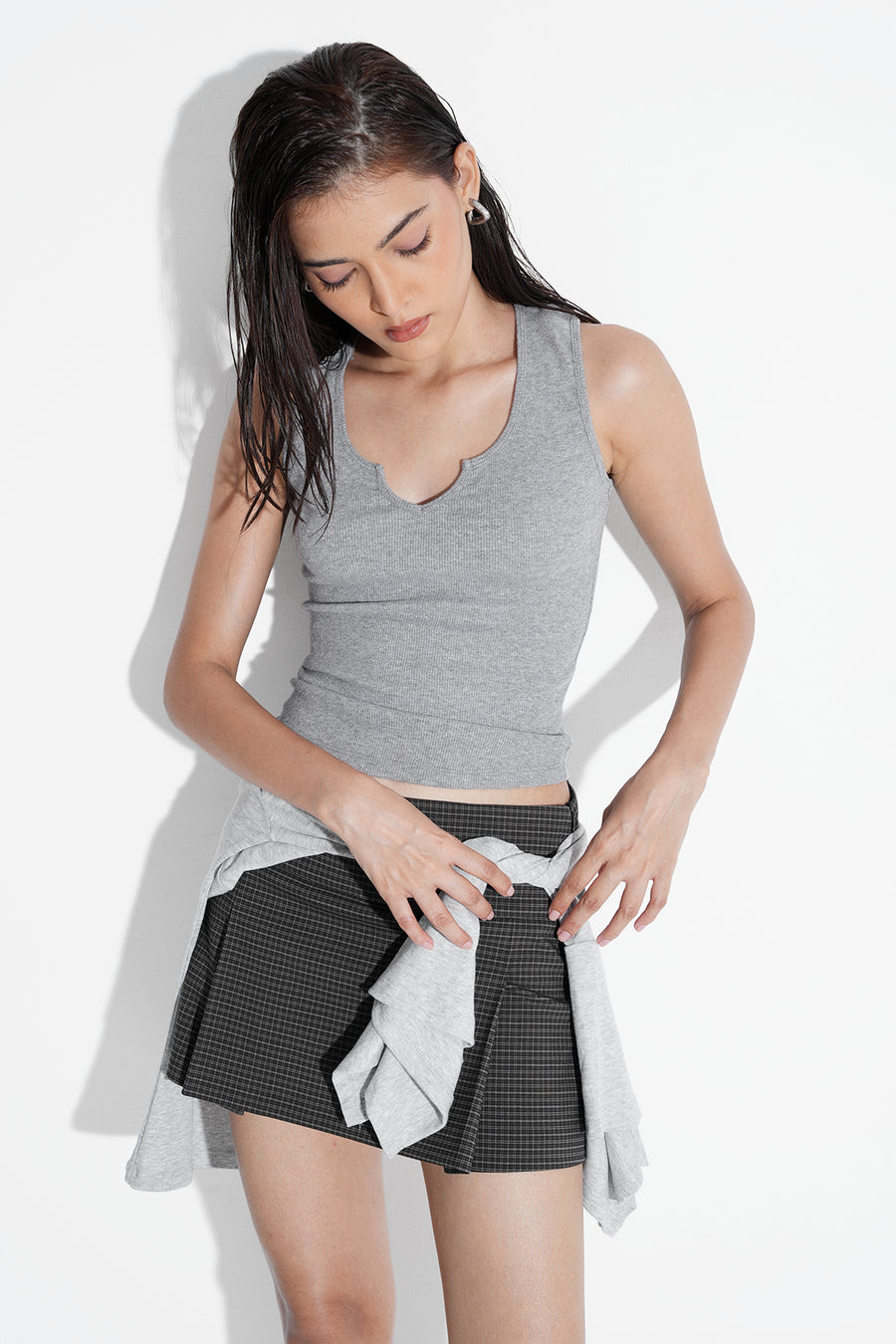 Notch Neck Ribbed Top- Grey