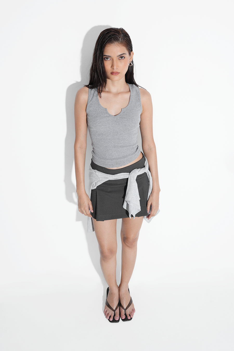 Notch Neck Ribbed Top- Grey
