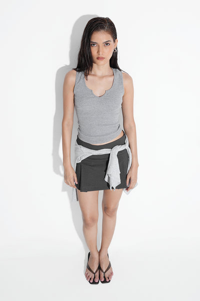 Notch Neck Ribbed Top- Grey