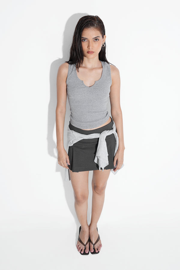Notch Neck Ribbed Top- Grey