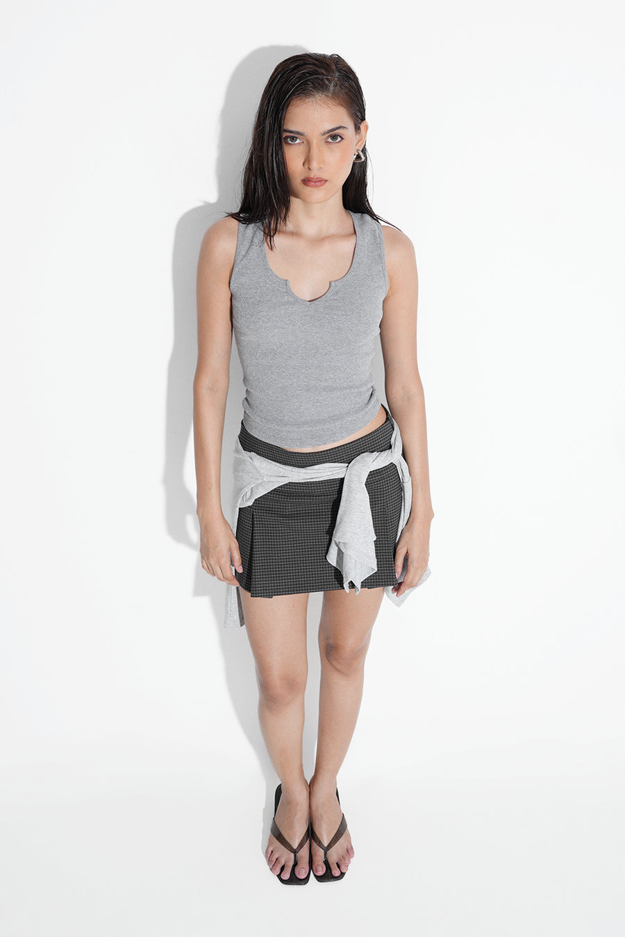 Notch Neck Ribbed Top- Grey