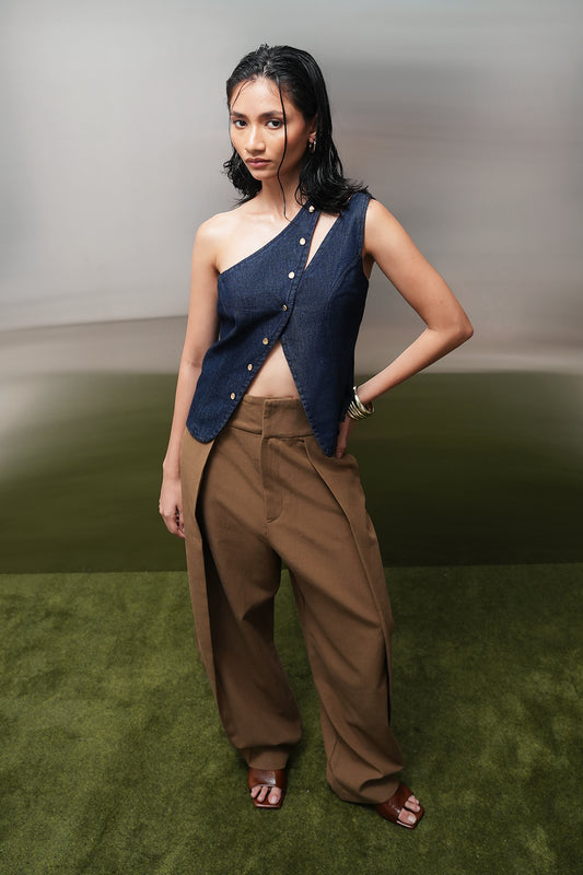 One-Shoulder Buttoned Denim Top