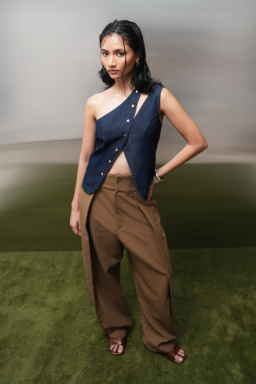 One-Shoulder Buttoned Denim Top