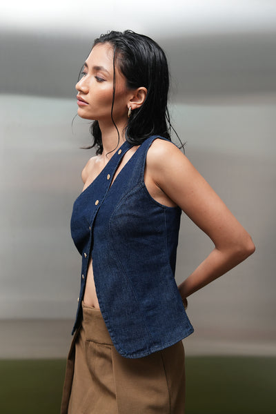 One-Shoulder Buttoned Denim Top