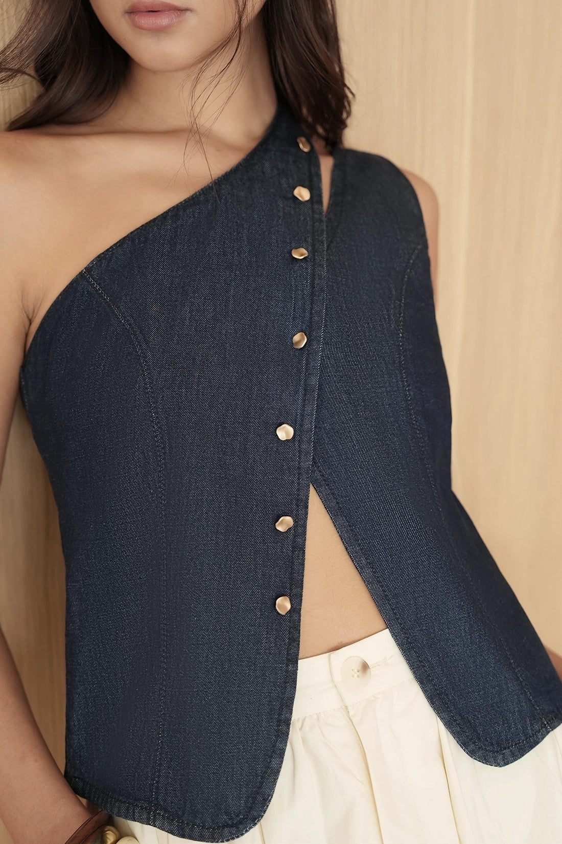 One-Shoulder Buttoned Denim Top