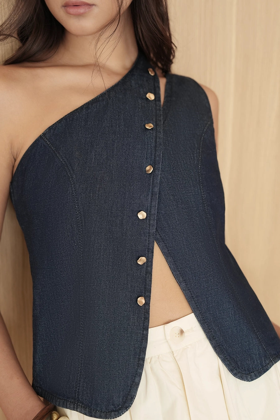 One-Shoulder Buttoned Denim Top