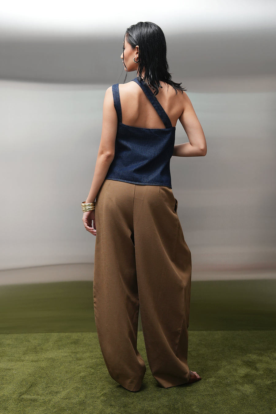 One-Shoulder Buttoned Denim Top