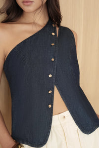 One-Shoulder Buttoned Denim Top