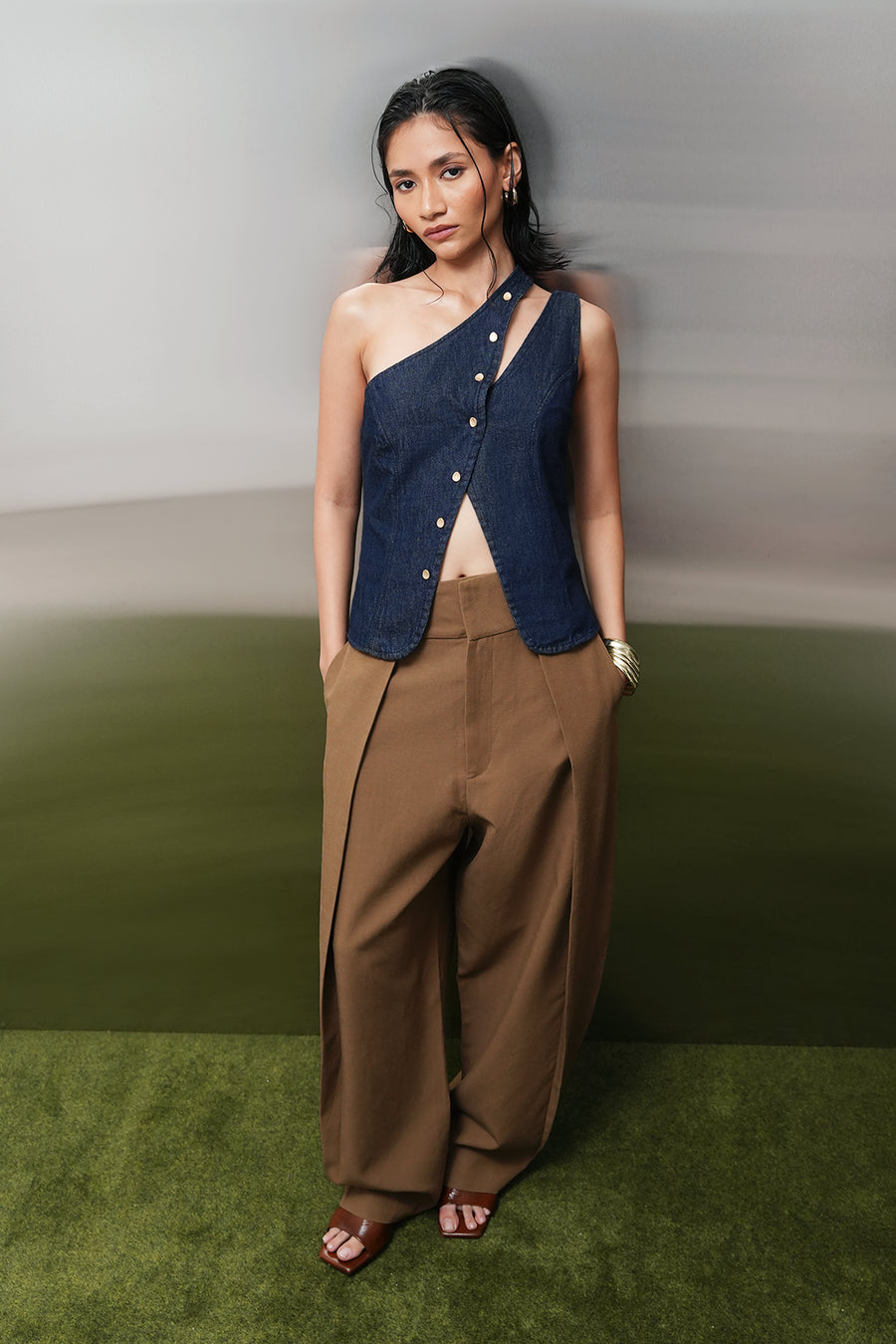 One-Shoulder Buttoned Denim Top